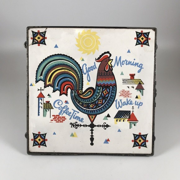 Berggren Ceramic Tile Trivet Good Morning Coffee Time Wake Up Rooster MCM - Picture 1 of 13